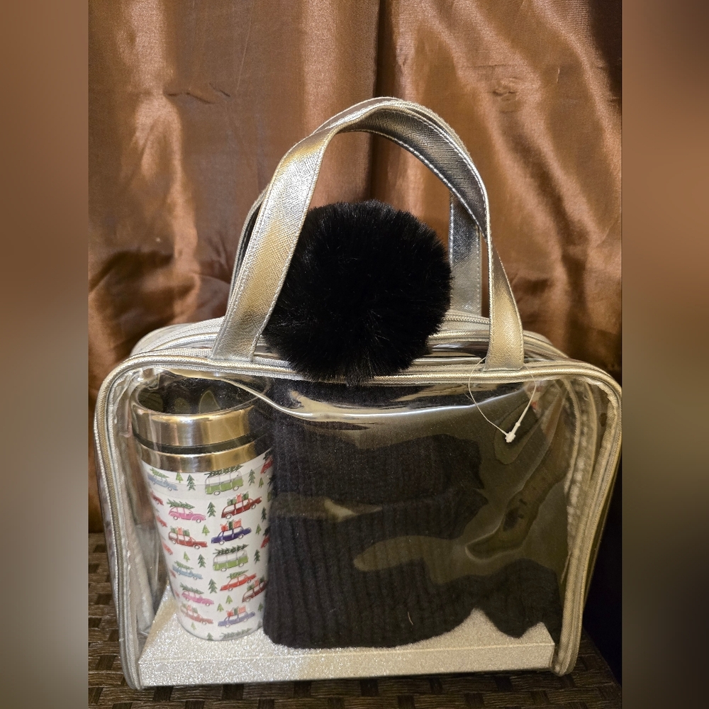 Silver Clear Tote with Black Pom Pom